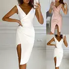 Элегантное женское однотонное платье до колен без рукавов с Разрезом Вечернее Платье с V-образным вырезом женское облегающее платье с запахом на груди платье 2021