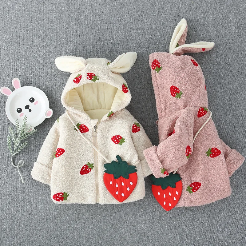 

Newborn Baby Girls Winter Warm Coats Outerwear Long Sleeve Coat Autumn Fashion Cute Strawberry Embroidery Plus Velvet Jacket