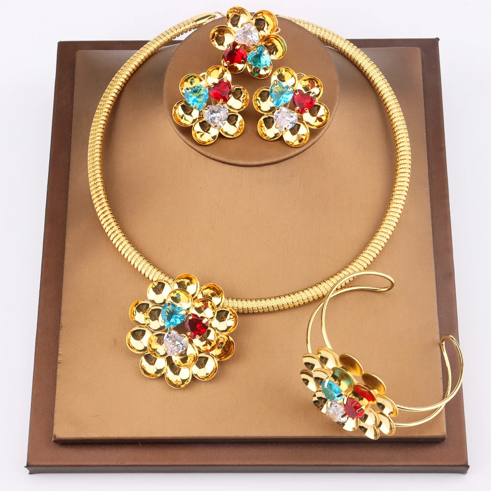 

Fashion Africa Jewelry Sets Dubai Gold Plated Necklace Bracelet Cubic Zircon Earring Ring Jewelry For Women's Wedding Party Gift