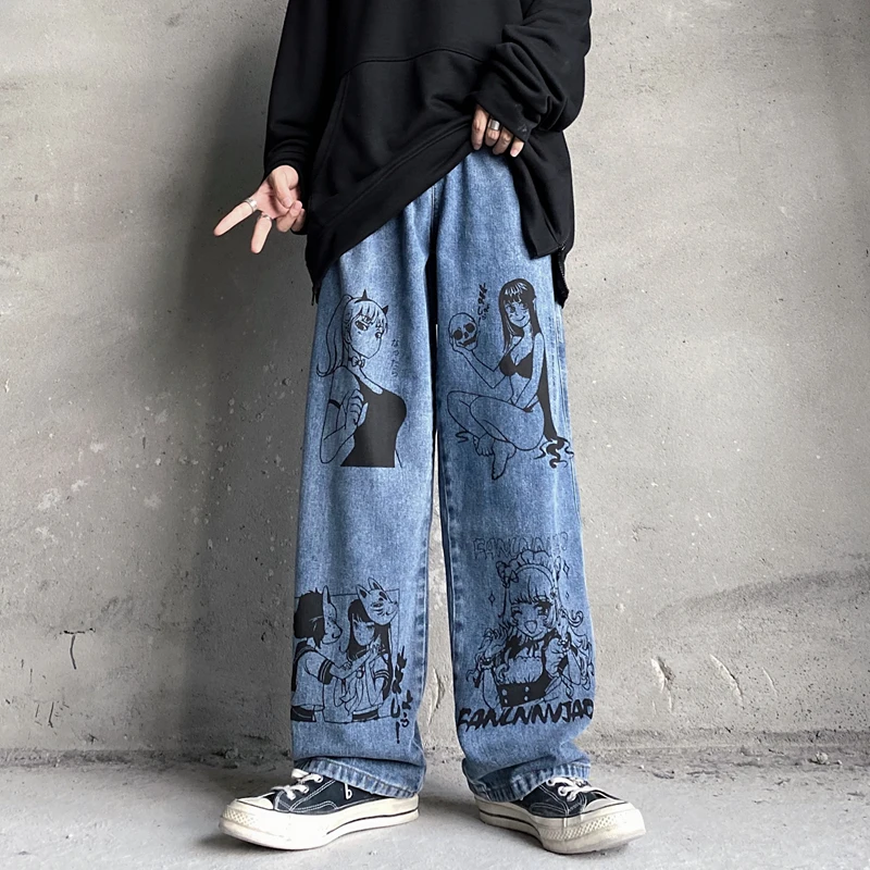 

Vintage Washed Jeans Women Streetwear Jeans Harajuku Cartoon Anime Print Jeans Fashion Female Jeans Loose Wide Leg Pants Cotton