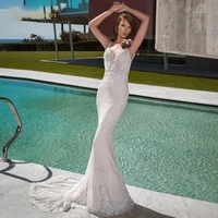 lace mermaid wedding dress slim line deep v neck sleeveless spaghetti strap floor length crossover backless vestidos de novia