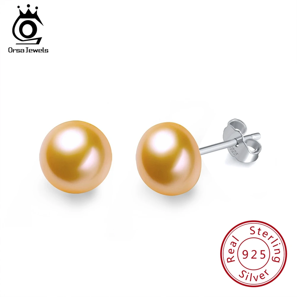Silver- Yellow Pearl ORSA JEWELS, женские серьги-гвоздики с натуральным пресноводным жемчугом, 8 мм, белый, розовый жемчуг, 925 пробы, серебро, Женские Ювелирные изделия для вечеринки RSE86 - Цвет камня: Silver- Yellow Pearl