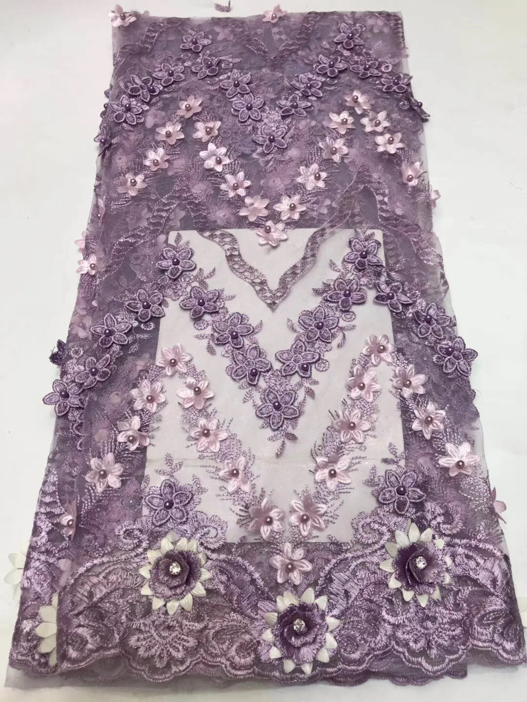 

African Lace Fabric High Quality Handmade Bead Lace, Purple French Lace Fabric For Wedding, 3D Beaded Lace Fabric RF405