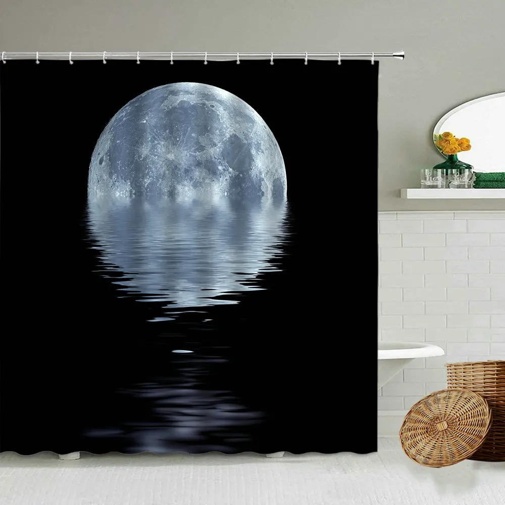 

Black And White Lunar Eclipse Moon Shower Curtain Night View Bathroom Waterproof Polyester Curtains Home Decoration With Hook