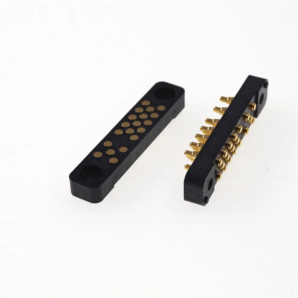 1 Pair Male Female Spring Loaded Pogo Pin Connector 19 Pins Panel Mount Flange PCB SMD 2A 12V Gold Plated 3 Rows 14+5 Position |