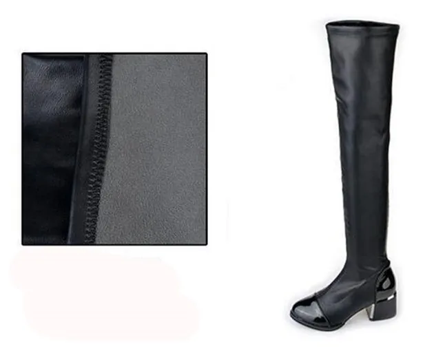 Fashion PU Leather Over Knee Boots Women Sequined Toe Elastic Stretch Thick Heel Thigh High Riding Winter Boots Size 40