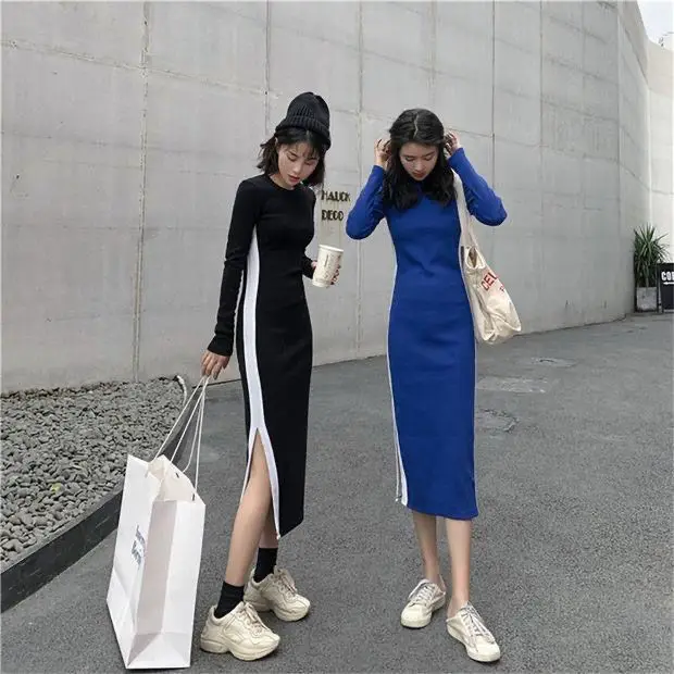 

Spring and autumn new Korean Chic long dress temperament contrast color side split waist slim hip dress women tide