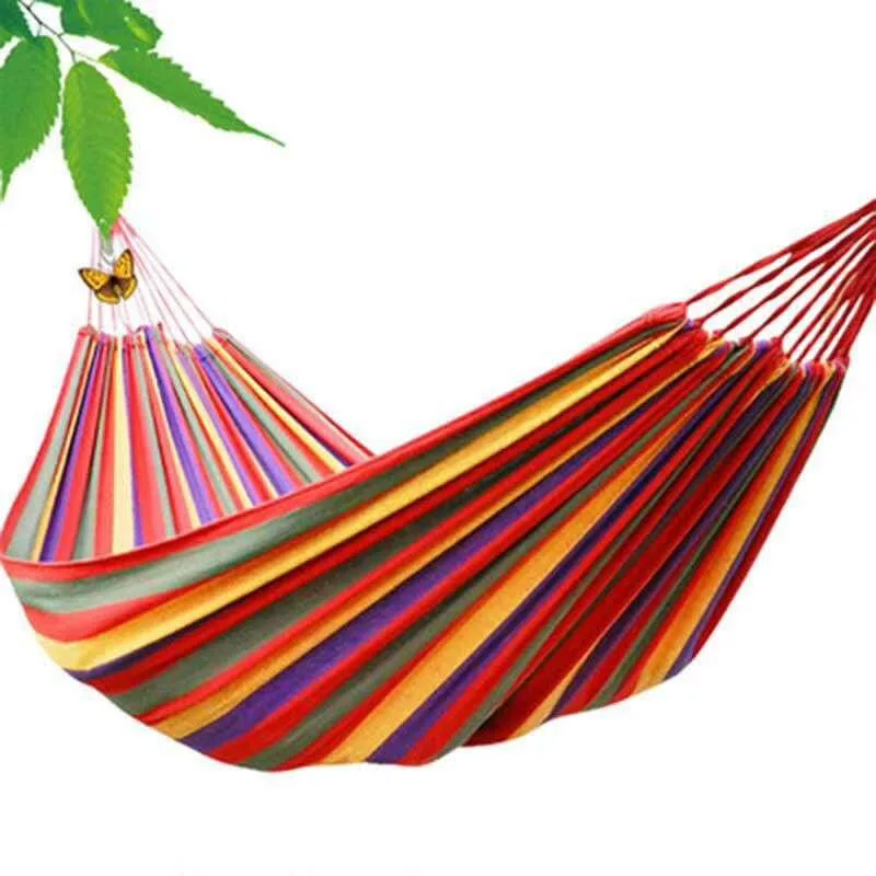 

Portable Outdoor Camping Hammock rainbow Leisure Thick canvas Hammocks home Bedroom Lazy Chair Travel Stripe Double Hanging Bed