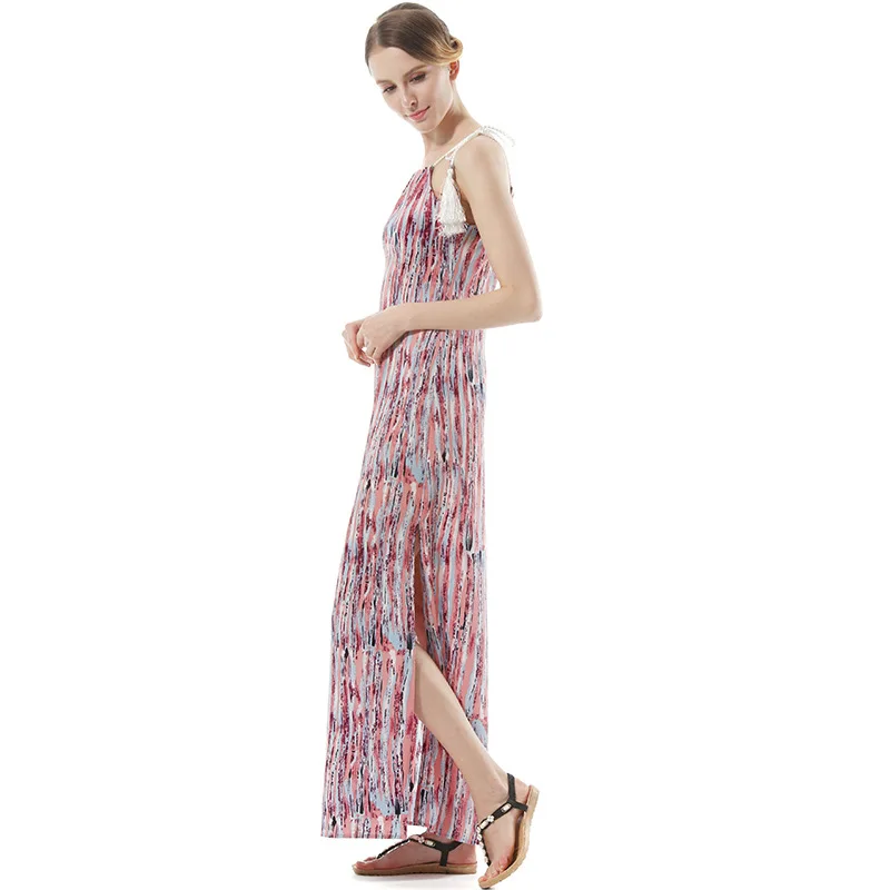 

Women Summer Leisure Beach Dress Elegant Fashion Print Sexy Slit Sexy Dresses Chiffon Bohemian Ankle Length Dress