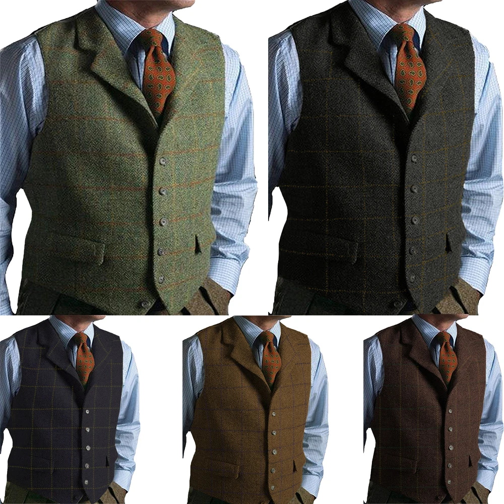 Green Casual Gentleman Men's Plaid Soft Wool Jacket Vest Tweed Business Coffee Waistcoat For Best Man Wedding For Party