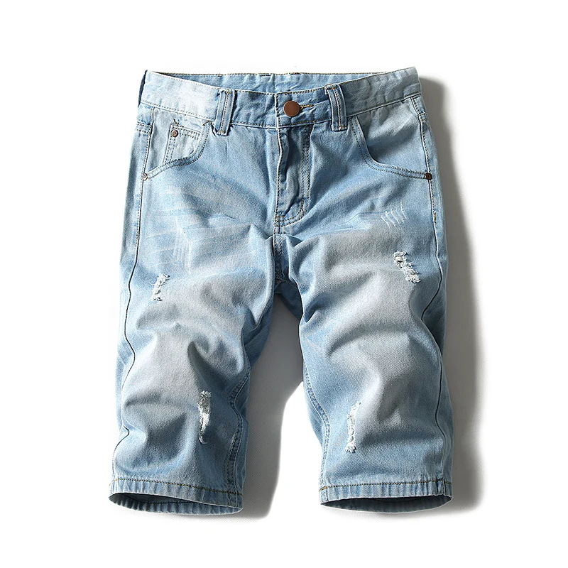 

2021Summer men's hole denim shorts, solid color straight tube loose trend large size men's breeches casual pants 28-42