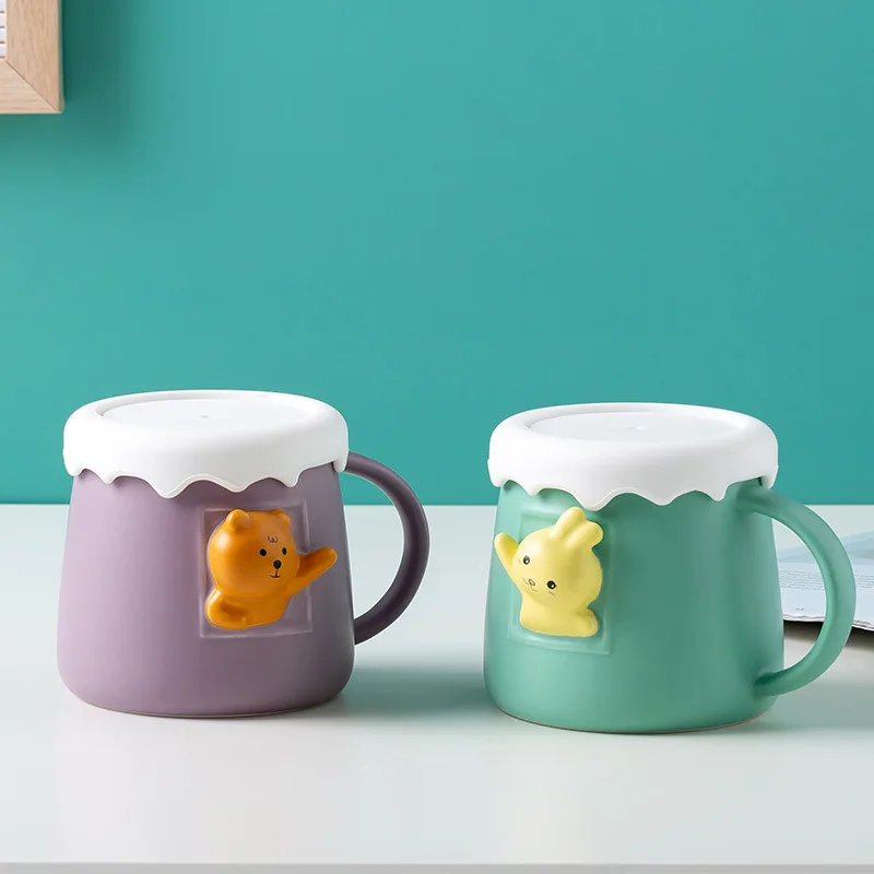 

Cute cartoon with cover couple Mug cute bear cute rabbit ceramic water cup ins creative relief cup