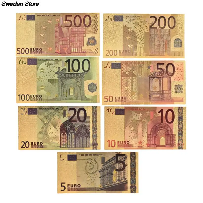 

7pcs/lot 5 10 20 50 100 200 500 EUR Gold Banknotes in 24K Gold Fake Paper Money for Collection Euro Banknote Sets new