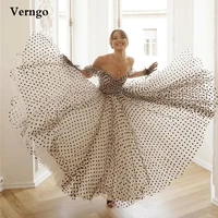 verngo classic whiteblack dots tulle evening dress off the shoulder short sleeves prom gowns ankle length formal party dress