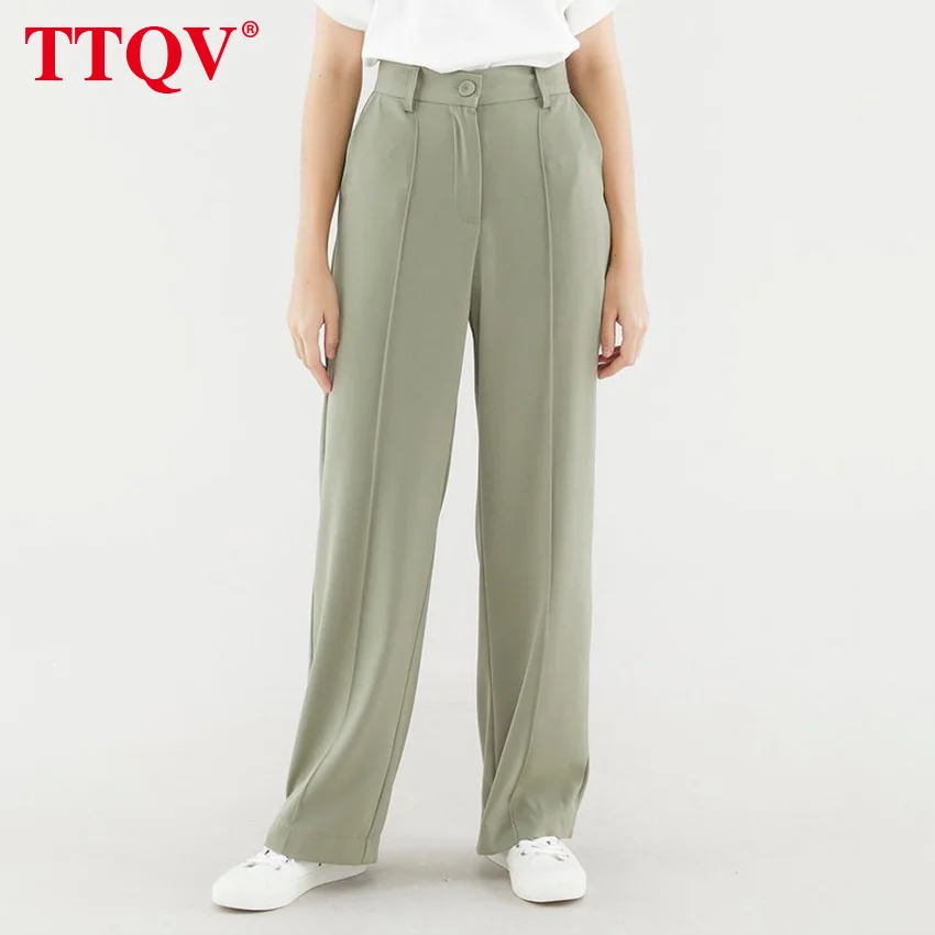 

Зимние Зеленые офисные женские брюки с высокой талией TTQV, элегантные свободные широкие брюки полной длины, женская модная однотонная женск...