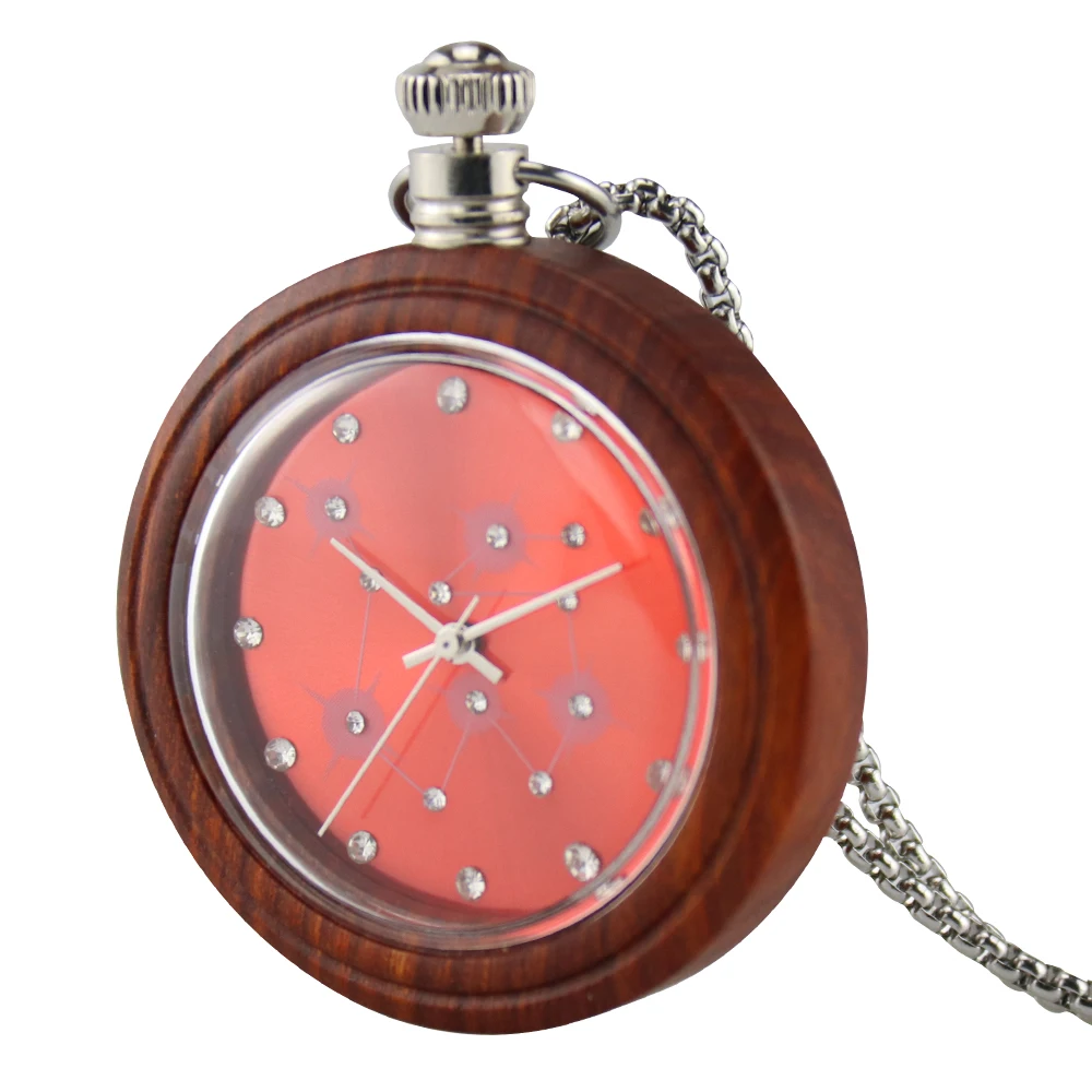 Novel Unique Colorful Bamboo Wood Quartz Pocket Watch Fashion Round Dial Wooden Necklace Chain Clock Best Gifts Women Watches