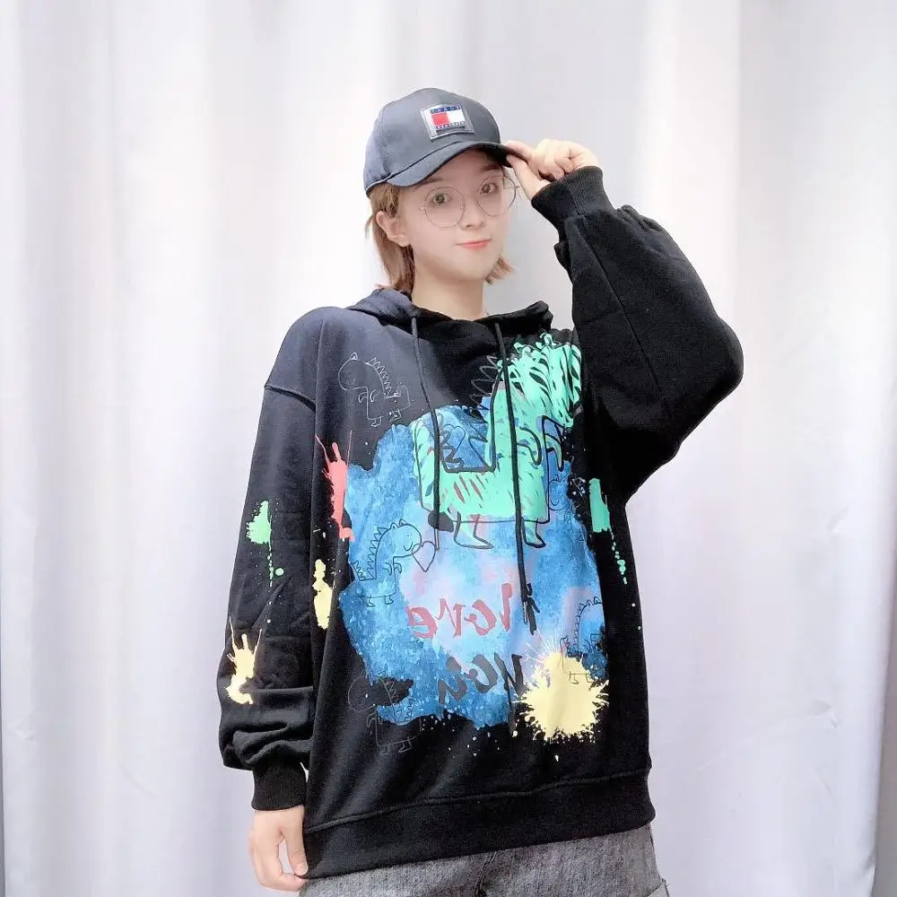 

Harajuku Loose Casual Female Hoodies Pullovers Graffiti Dinosaur Letter Women Hooded Sweatshirt Autumn Lady Sweatshirts Tops