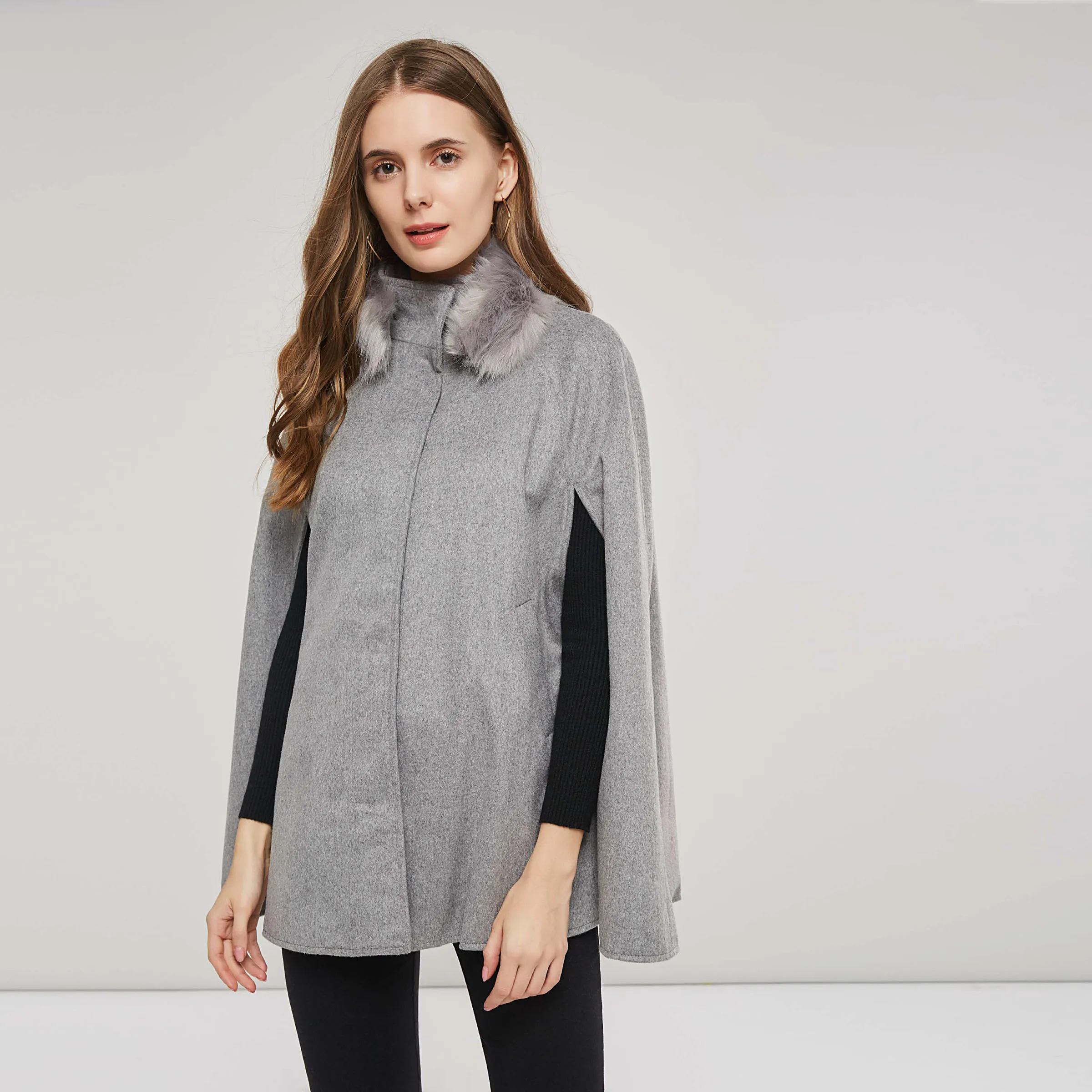 

Women Poncho Cape Warm Faux Fur Collar Office Ladies Elegant Solid Autumn Winter Cloak 2020 Vintage Grey Woman Coat Outwear