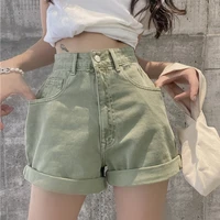 2021 summer women casual loose vintage wide leg short jeans female new high waist harajuku green blue denim shorts college style