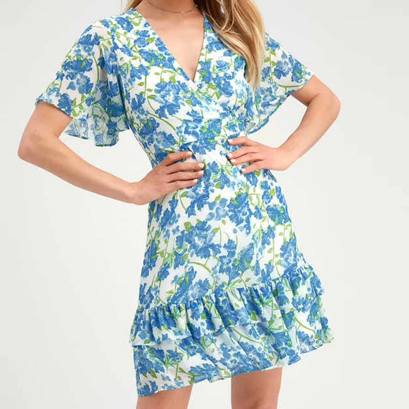 

Summer V Neck Flower Dress 2021 Women Short Butterfly Sleeve Floral Printed Cascading Ruffles A-Line Dress Party Female Vistidos