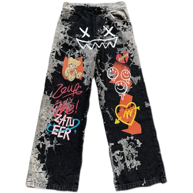 

High Street Retro Bear Cartoon Jeans Women Streetwear Hip hop Smiley Straight Wide Leg Trousers Female Trendy Denim Pants Unisex