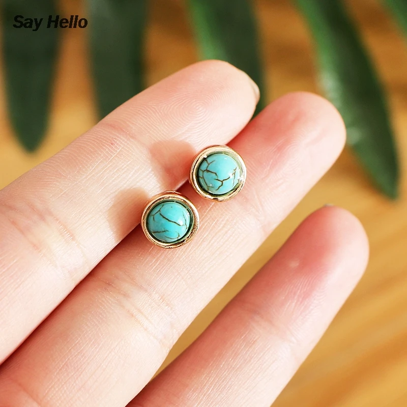 SAY HELLO Boho Green Turquoises Round Stud Earrings for Women Female Metal Stone Geometric Dangle Drop Brinco E40210 | Украшения и