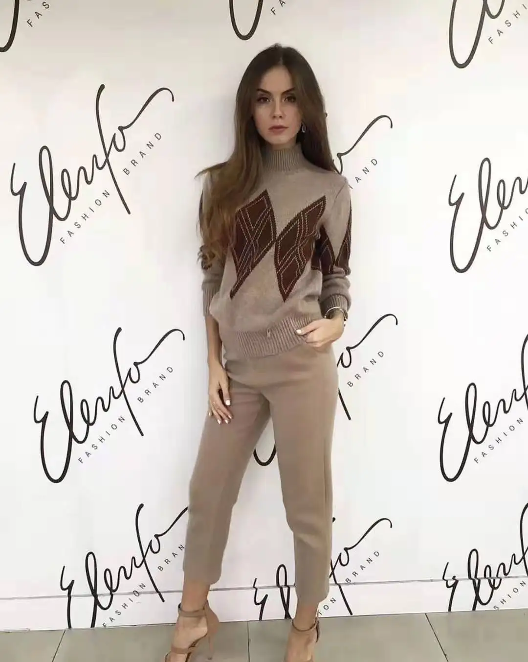 

Fashion Real Full Drawstring Women's Knit Set 2020 New Diamond Shaped Turtleneck Sweater And Knitted Pants Two-piece Pullover