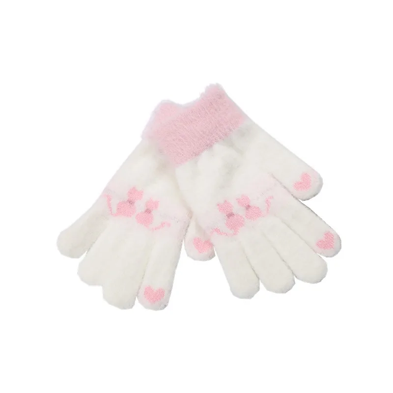 

Winter Kdis Warm Gloves Students Boy Knitted Plush Thicken Full Finger Mitten Outdoor Pink Cute Cat Girls Mittens 7-14T