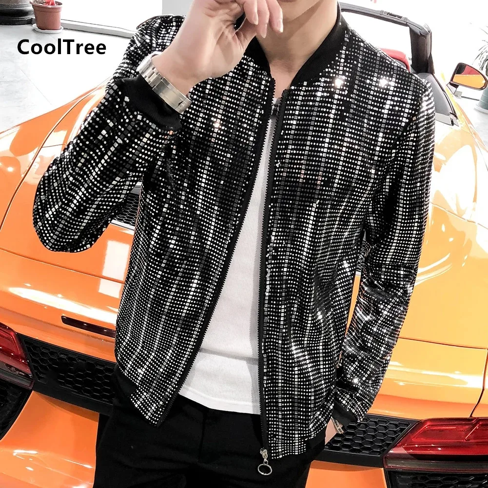 

CoolTree Men Sequined Jacket Spring Autumn Fashion Personality Shiny Glow Coats Male Nightclub hairstylist Slim Zipper Outerwear