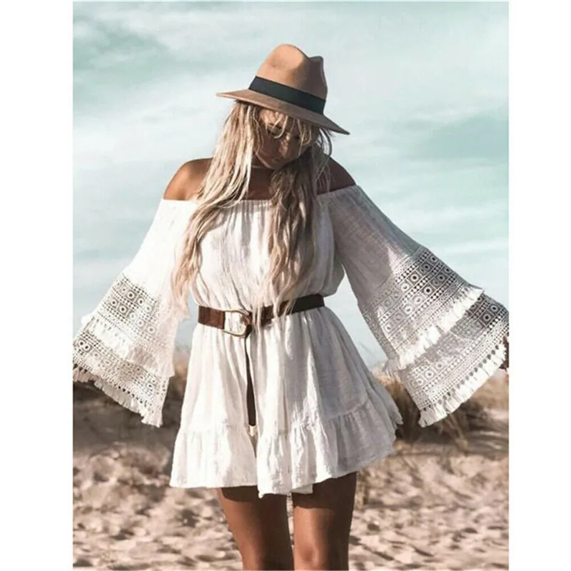 Летнее открытое женское платье Boho белое мини женские вечерние платья с открытыми