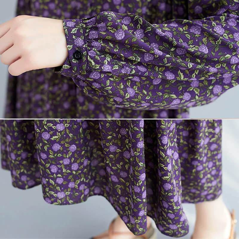 

2020 Summer New Women Dress Robe Female Sundress Plus Size Long Sleeve Floral Print Purple Maxi Long Dress Vintage Vestido Femme