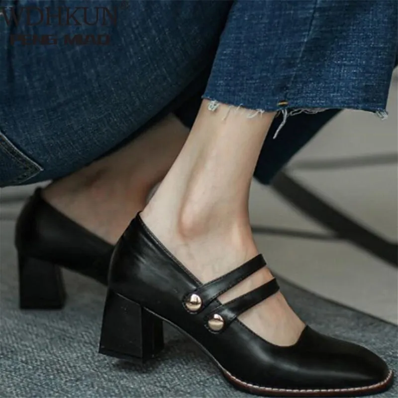 

6 CM Heels Mary Janes Shoes Women 2020 Autumn New Leather Pumps Square Toe Casual Fashion Female Work Heels All Match