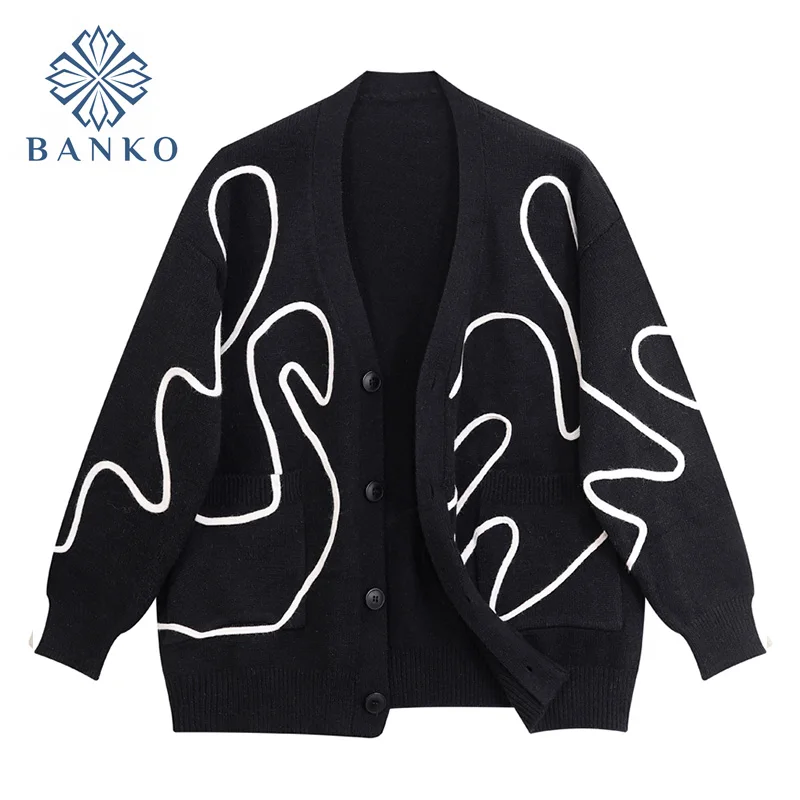 

Женский трикотажный кардиган с длинным рукавом, Черный Повседневный Кардиган в Корейском стиле, Осень-зима 2021