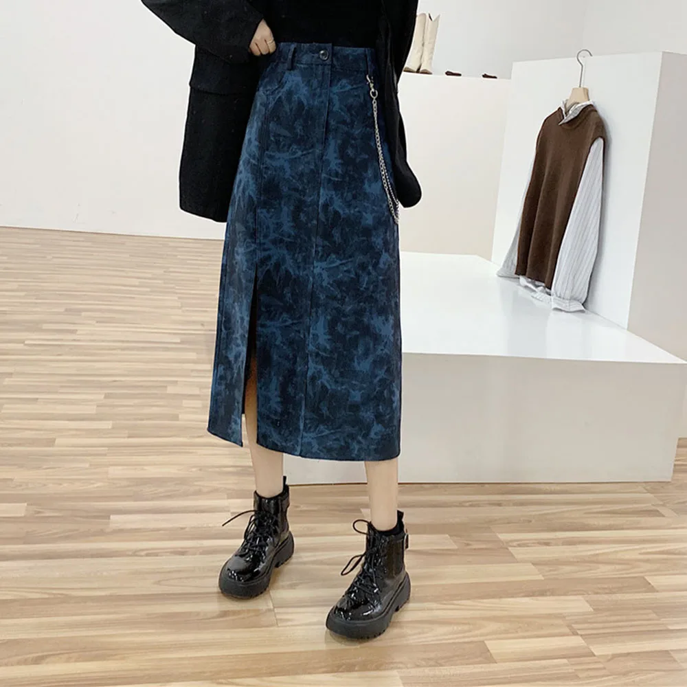 

Gothic Tie Dye Skirt HIgh Waist Chain Punk Women Skirts Office Lady Summer Vintage Fashion Goth Streetwear Blue Casual A Line