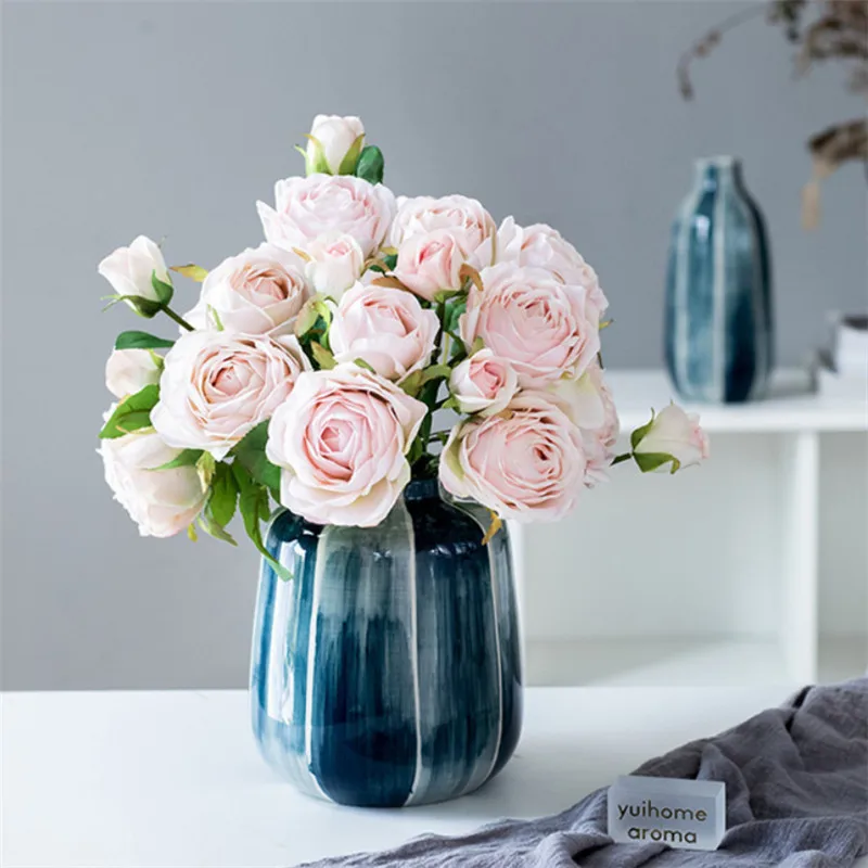 Скандинавский современный синий цветок ваза Минималистичная керамическая