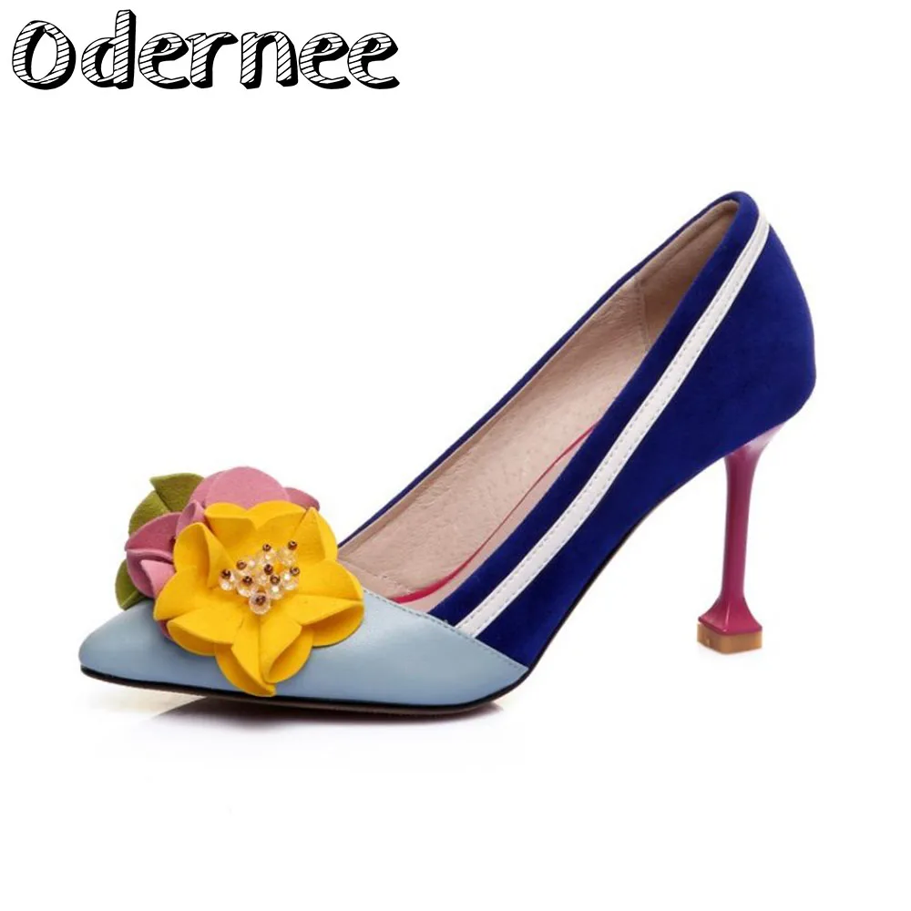 

ODERNEE 2021 Flower Pointed Toe Thin Heel Spring Summer Female Shoes Genuine Leather Women Pumps Size 34-39
