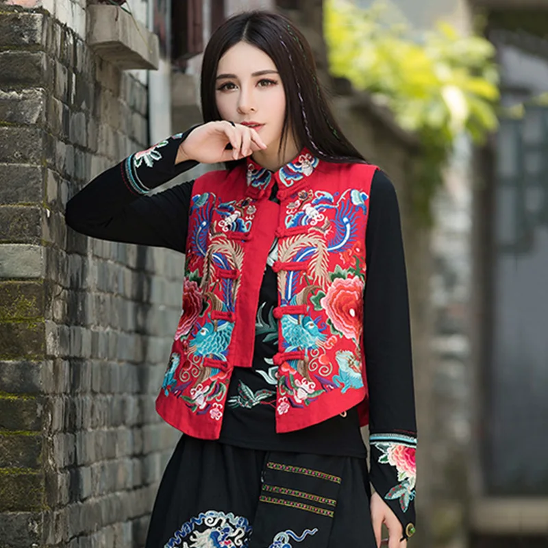 Женский жилет с вышивкой из хлопка и льна традиционный китайский стиль Цветочная
