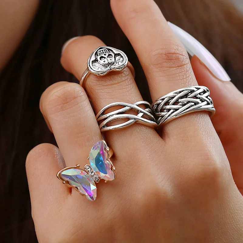 

Boho Vintage Knuckle Ring Women Charm Crystal Butterfly Skull Compile Finger Rings Fashion Bohemian Jewelry for Women Rings Sets