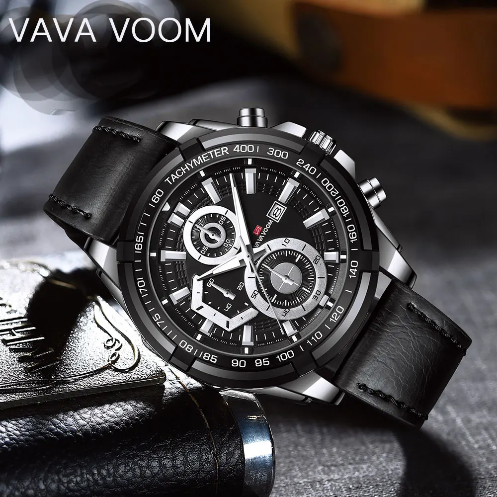 

VAVA VOOM Men Quartz Watches Creativity Dial Leather Luminous Date Waterproof Sport Watches Business Watch Male Reloj de hombre