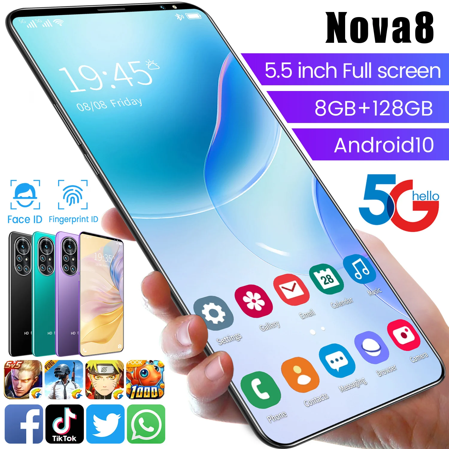 

Nowa8 5.5 Inch 8+128GB Dual SIM+Micro Fingerprint Face ID 4800mAh Smart Phone 24+48MP 10 Core MTK6595 Andriod10.0 Cellphones