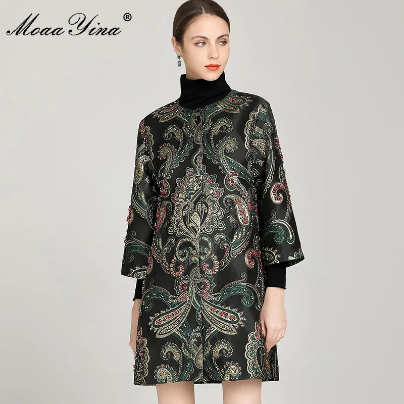 

MoaaYina Fashion Runway Designer Autumn Winter Coat Women's 3/4 sleeve Luxury Crystal Beading Vintage Black Outwear Overcoat