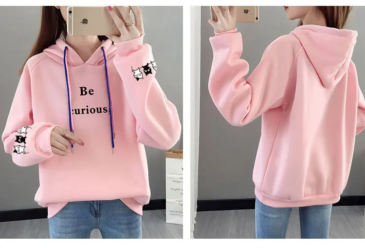 

Oversized Women Clothes Hooded Sweatshirt Cute Patchwork Pockets Pullover Tops Harajuku Cat Printed Long Sleeve Hoodies Women