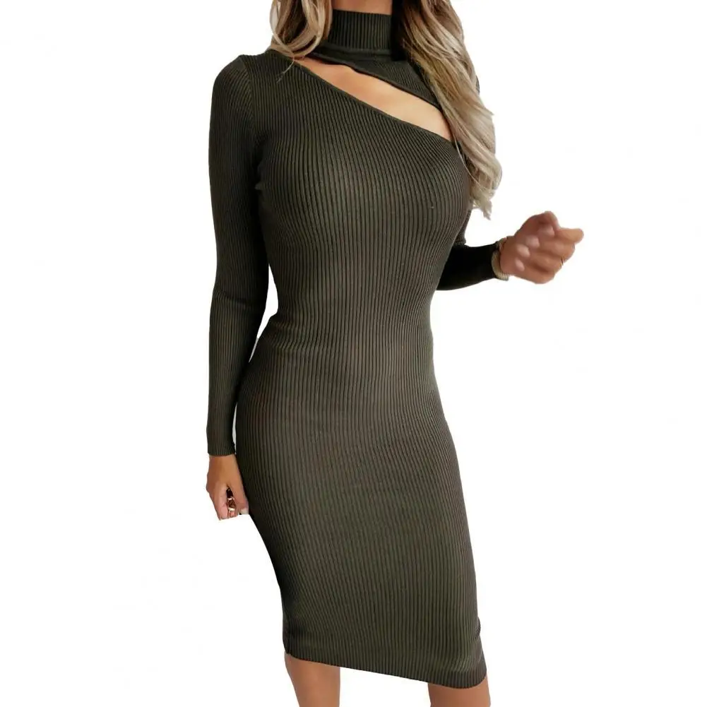 

woman Dress Hollow Out Ribbing High Collar Tight Waist Butt-lift Sweater Dress Hollow Out Pullover dress платье женское