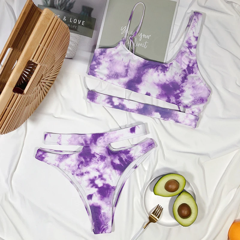 

Tie Dye Bikini Sexy High Waist Solid Swimsuit 2020 Women Bandage Swimwear Female Irregular Bikini Set 2 Pieces Bathing Suit New