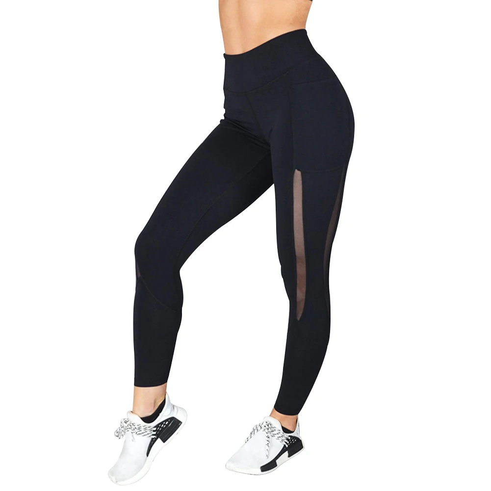 

Women Mesh Casual Leggings Running Fitness Yoga Pants Fashion Training Solid Polyester Pocket Long High Waist Adults Sports