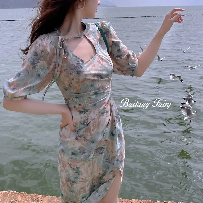 

Females Korean Style 2021 Summer Vintage Elegant Dress Women Short Sleeve Floral Printed Dress Bandage Design Sweet Party Dress