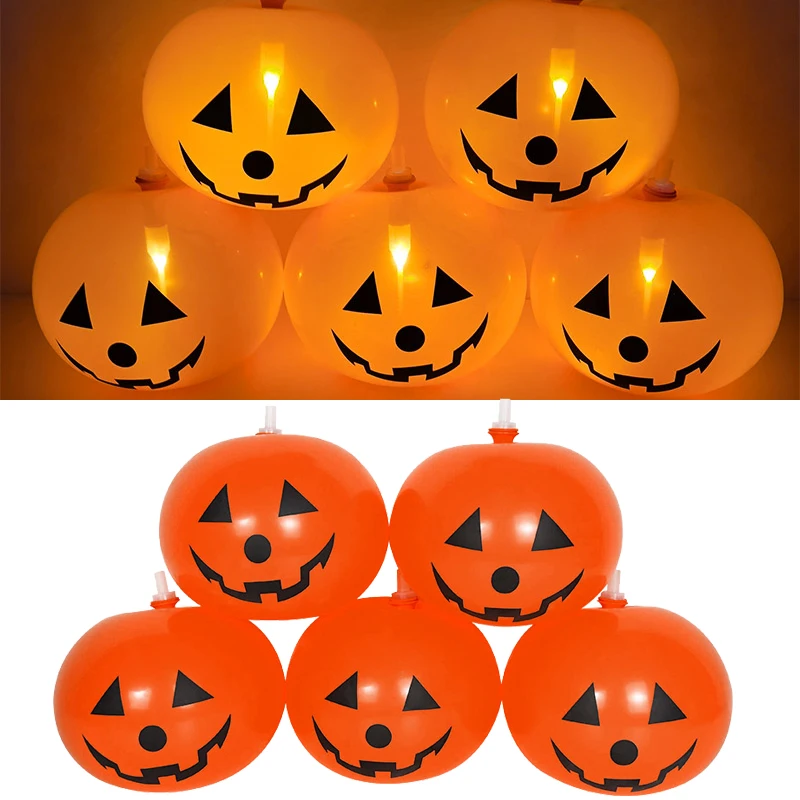 5 Pcs Led Light Balloons Halloween Pumpkin Balloon Latex Balloon With Battery Glow In The Dark Halloween Party Home Garden Decor
