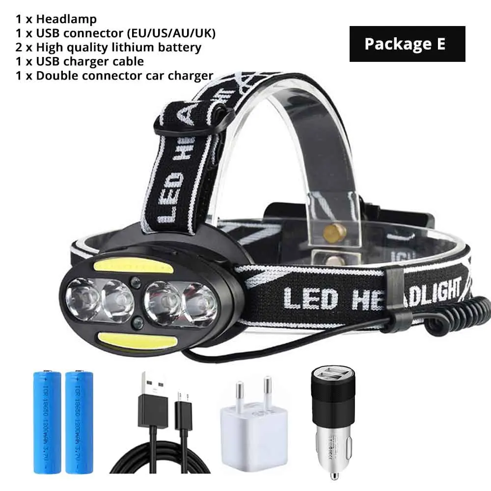 Package E Супер яркий светодиодный налобный фонарь 4 x T6+ 2 x COB+ 2 x Красный светодиодный водонепроницаемый светодиодный налобный фонарь 7 режимов освещения с зарядным устройством - Испускаемый цвет: Package E