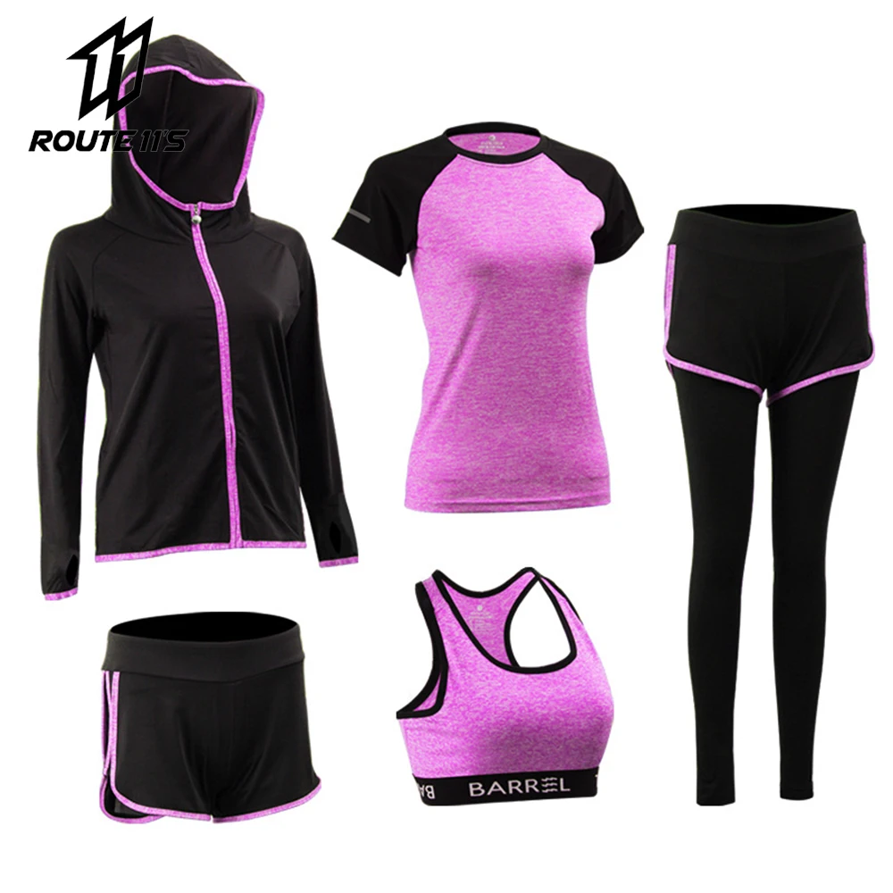 

Для женщин тренировки Фитнес обучение поворотника Джерси дышащая футболка тренировки Фитнес тренировочные спортивные шорты 5 шт./компл.