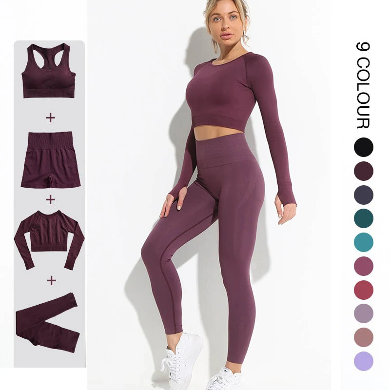 

Women Fitness Seamless Leggings Gym Clothing High Waist Shorts Workout Pants Sport Breathable Long Sleeve Top Yoga Set